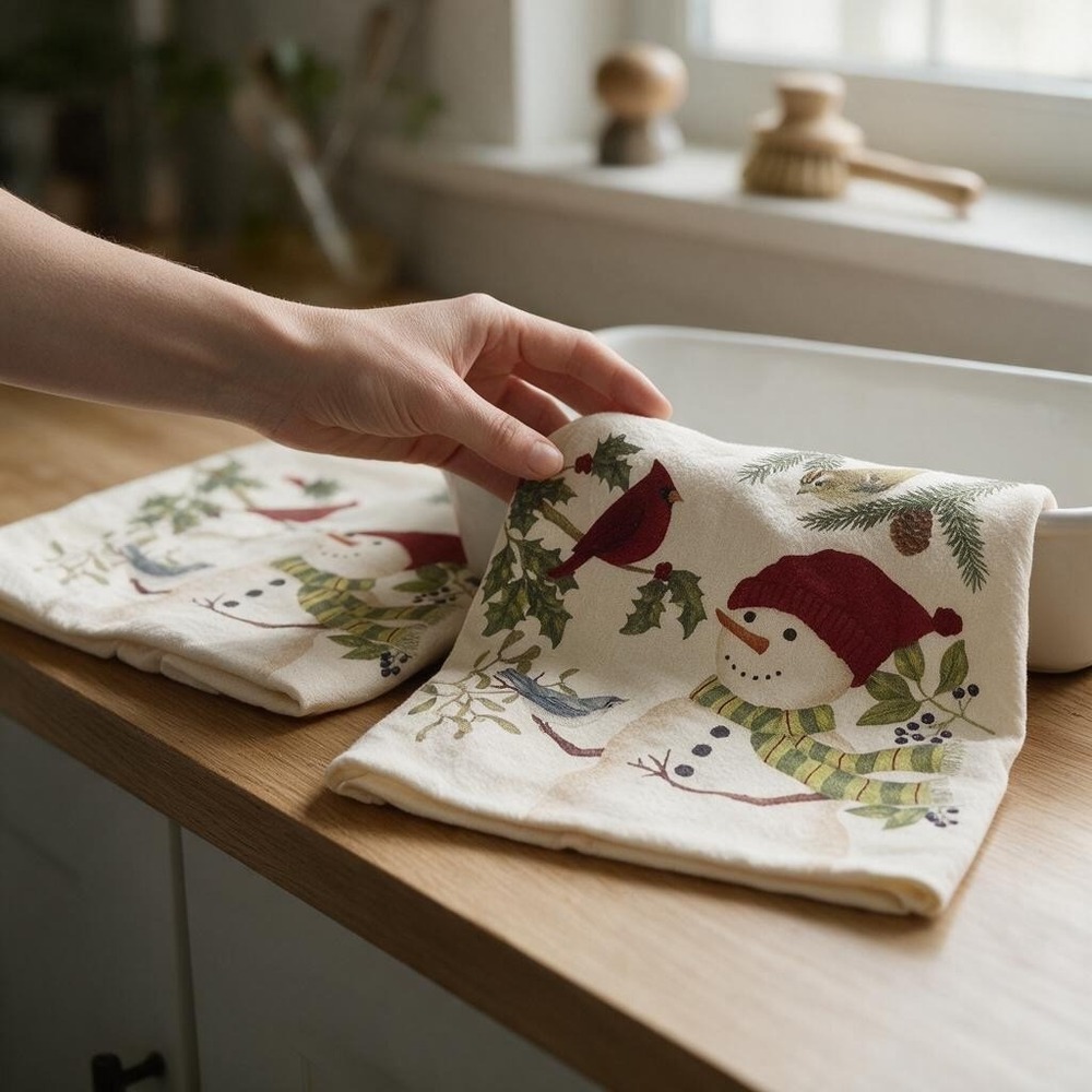 Alice's Cottage Flour Sack Towel Unisex OS Cream Brand New Snowman Winter Bird
